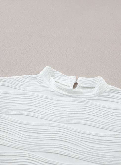 Wavy Textured Mock Neck Cap Sleeve Stretch Top