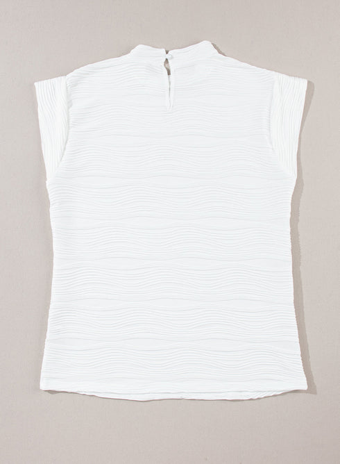 Wavy Textured Mock Neck Cap Sleeve Stretch Top