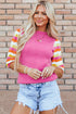 Wavy Textured Puff Sleeve High Neck Pullover Sweater