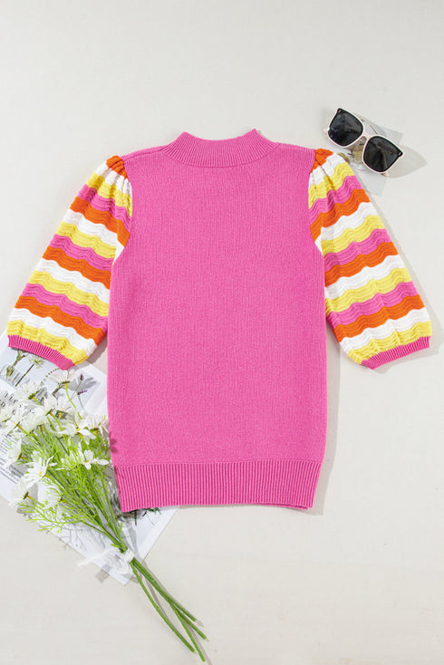 Wavy Textured Puff Sleeve High Neck Pullover Sweater