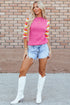 Wavy Textured Puff Sleeve High Neck Pullover Sweater