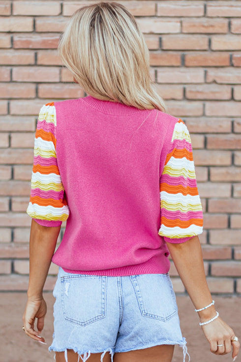 Wavy Textured Puff Sleeve High Neck Pullover Sweater