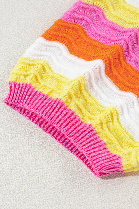Wavy Textured Puff Sleeve High Neck Pullover Sweater
