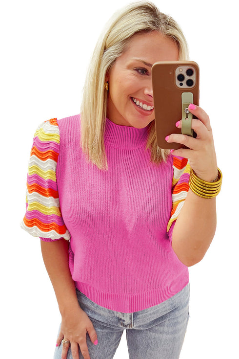 Wavy Textured Puff Sleeve High Neck Pullover Sweater