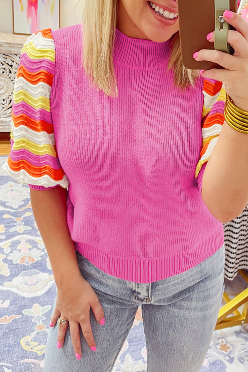 Wavy Textured Puff Sleeve High Neck Pullover Sweater