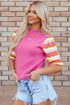 Wavy Textured Puff Sleeve High Neck Pullover Sweater