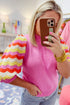 Wavy Textured Puff Sleeve High Neck Pullover Sweater