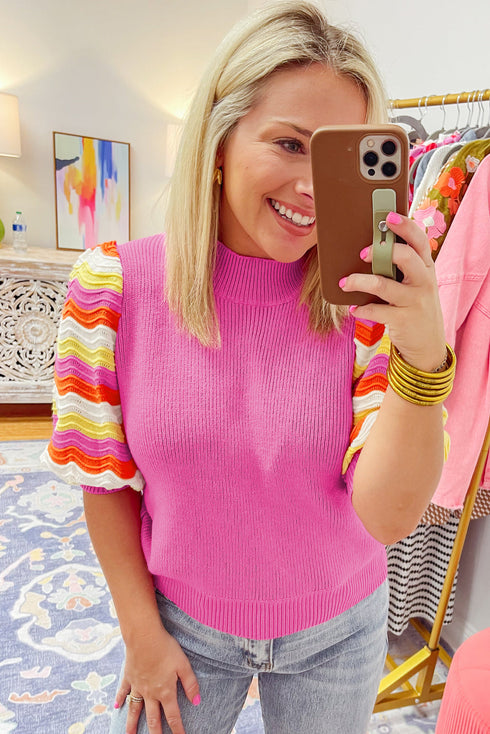 Wavy Textured Puff Sleeve High Neck Pullover Sweater