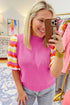 Wavy Textured Puff Sleeve High Neck Pullover Sweater