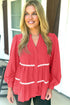 Wavy Trim Tiered Button Front Long Sleeve Blouse
