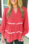 Wavy Trim Tiered Button Front Long Sleeve Blouse