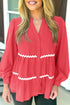 Wavy Trim Tiered Button Front Long Sleeve Blouse