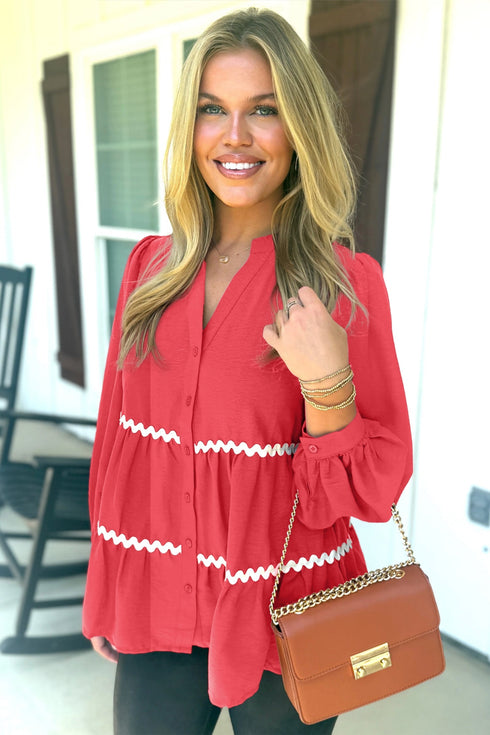 Wavy Trim Tiered Button Front Long Sleeve Blouse