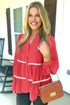 Wavy Trim Tiered Button Front Long Sleeve Blouse