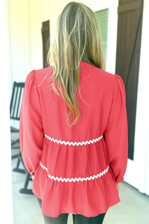 Wavy Trim Tiered Button Front Long Sleeve Blouse