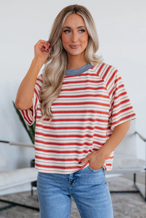 Weekend Vibes Striped Contrast Collar Raglan Sleeve Oversized Tee