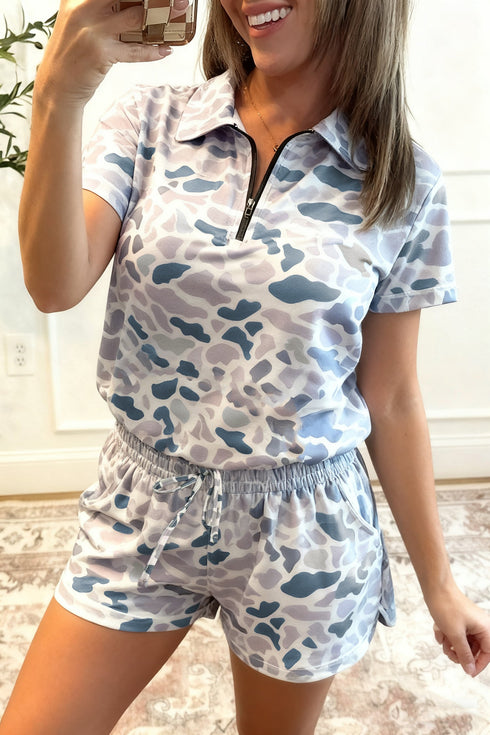 Western Abstract Print Polo Collar Short Set