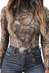 Western Print Sheer Mesh Mock Neck Long Sleeve Top