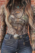 Western Print Sheer Mesh Mock Neck Long Sleeve Top