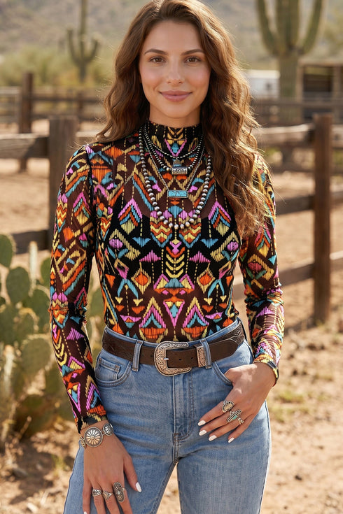 Western Abstract Print Stand Neck Sheer Long Sleeve Mesh Top