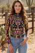 Western Abstract Print Stand Neck Sheer Long Sleeve Mesh Top