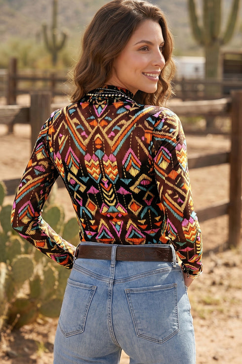 Western Abstract Print Stand Neck Sheer Long Sleeve Mesh Top