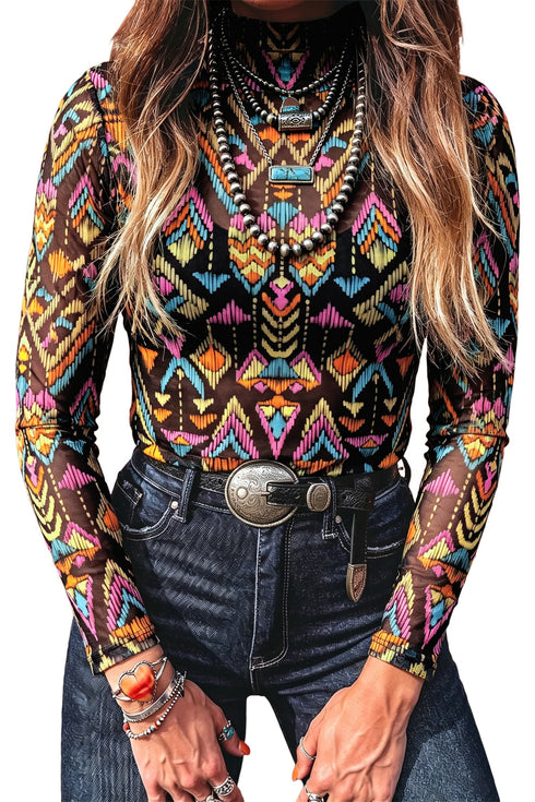 Western Abstract Print Stand Neck Sheer Long Sleeve Mesh Top