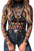 Western Abstract Print Stand Neck Sheer Long Sleeve Mesh Top