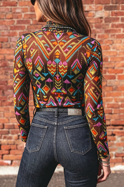 Western Abstract Print Stand Neck Sheer Long Sleeve Mesh Top