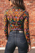 Western Abstract Print Stand Neck Sheer Long Sleeve Mesh Top