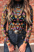Western Abstract Print Stand Neck Sheer Long Sleeve Mesh Top