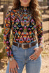 Western Abstract Print Stand Neck Sheer Long Sleeve Mesh Top