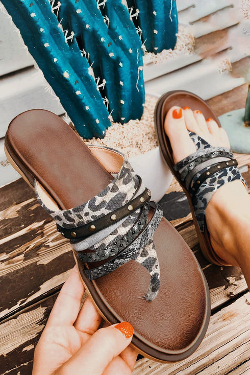 Western Aesthetic Studded Animal Print Thong Slipper