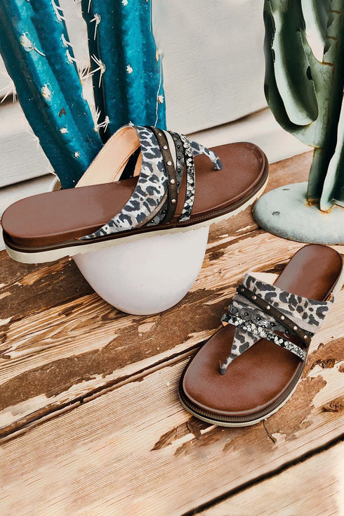 Western Aesthetic Studded Animal Print Thong Slipper