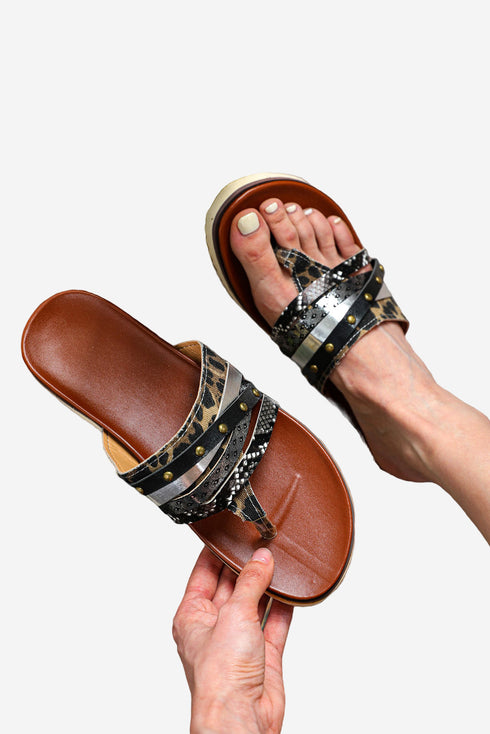 Western Aesthetic Studded Animal Print Thong Slipper