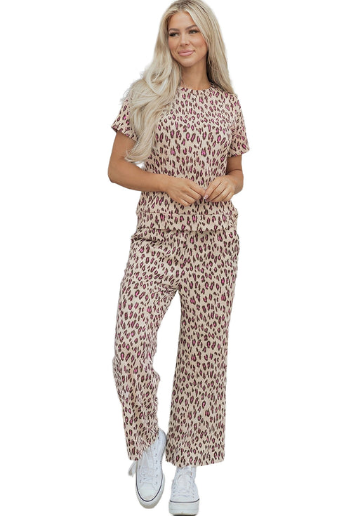 Western All Over Leopard Print Casual Tee Pant Set