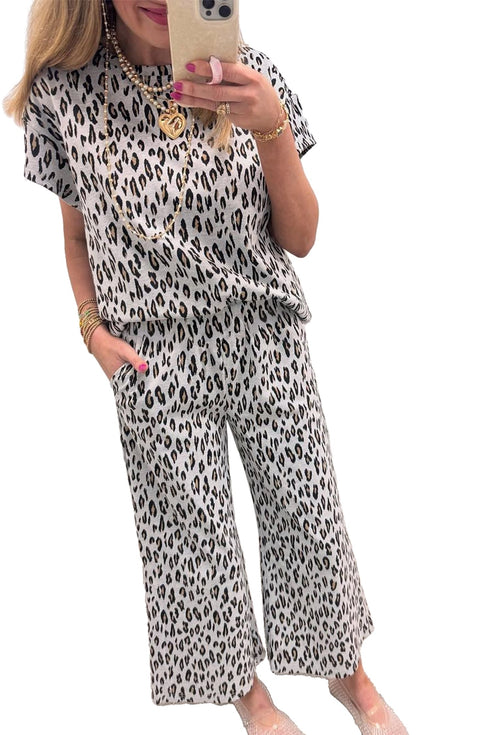Western All Over Leopard Print Casual Tee Pant Set