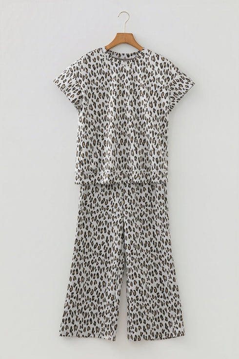 Western All Over Leopard Print Casual Tee Pant Set
