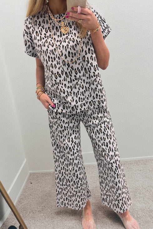 Western All Over Leopard Print Casual Tee Pant Set