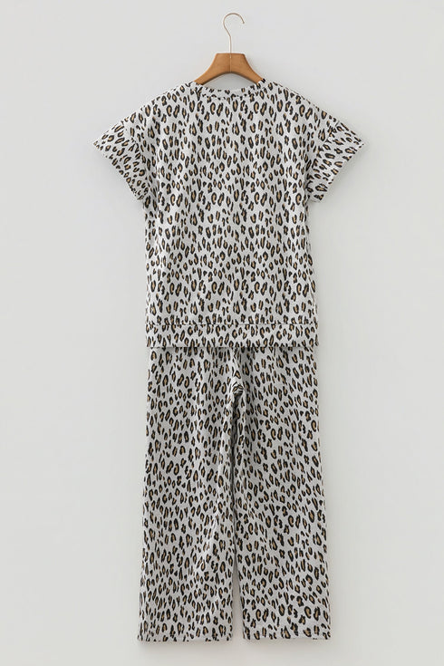 Western All Over Leopard Print Casual Tee Pant Set