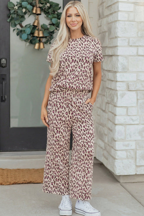Western All Over Leopard Print Casual Tee Pant Set