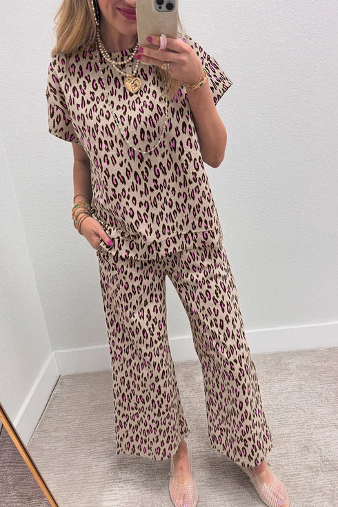 Western All Over Leopard Print Casual Tee Pant Set