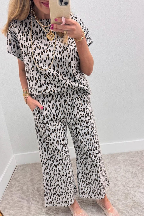 Western All Over Leopard Print Casual Tee Pant Set