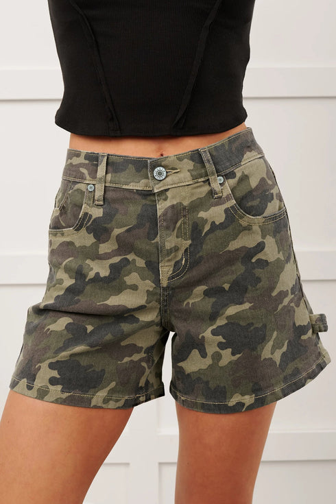 Western All Over Print Camouflage High Rise Denim Shorts