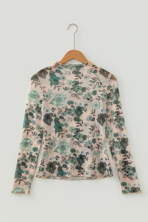 Western Allover Floral Print Sheer Long Sleeve Mesh Top