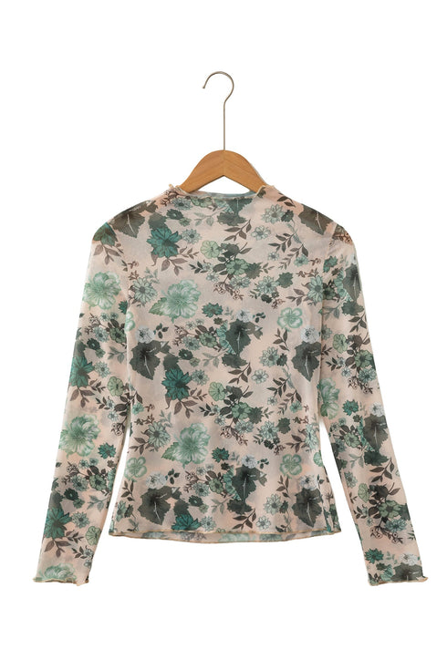Western Allover Floral Print Sheer Long Sleeve Mesh Top