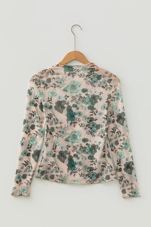 Western Allover Floral Print Sheer Long Sleeve Mesh Top