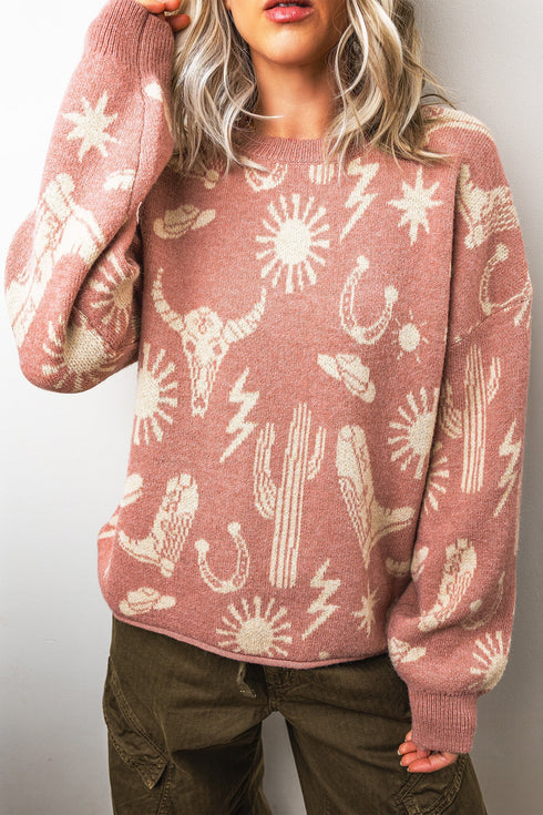 Western Allover Print Drop Shoulder Long Sleeve Knit Sweater