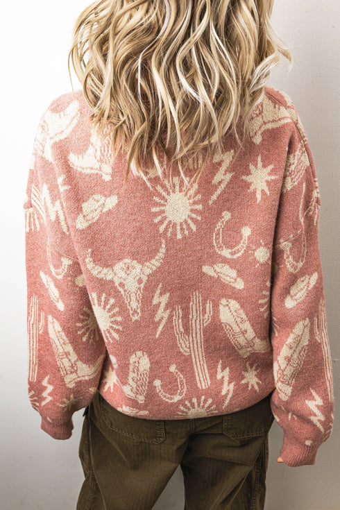 Western Allover Print Drop Shoulder Long Sleeve Knit Sweater