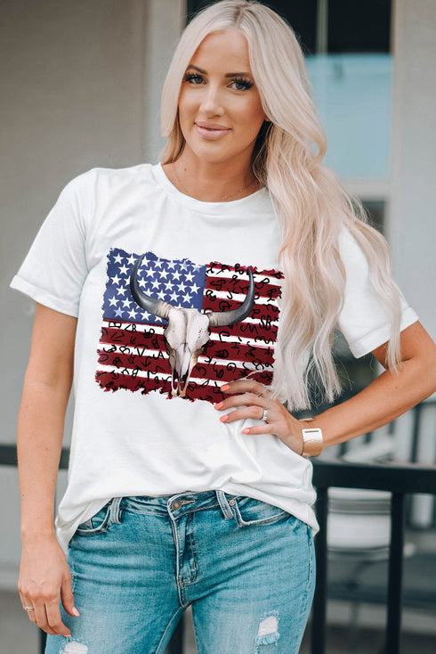 Western Americana Bull Skull Graphic Short Sleeve Tee
